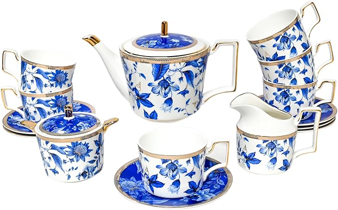 Bone China Tea Set for Adults, Blue and White Porcelain Tea Sets, Bone China Tea Cup Set With Teapot Creamer Pitcher Sugar Bowl and Teaspoons, Vintage Tea Sets for Women Tea Part - Bloomnest