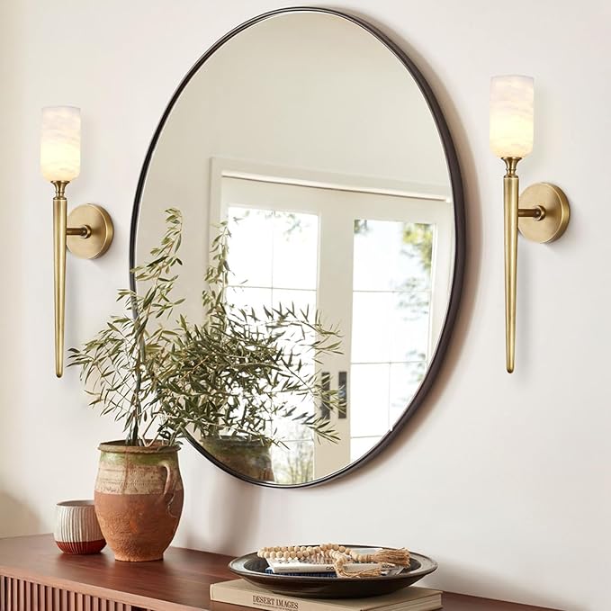 Alabaster Wall Sconce 22in Antique Brass Sconces Wall Lighting, Imported in Spain Natural Alabaster, Bathroom Sconce Gold Sconces Wall Decor, for Living Room Dining Room Hallway Bedside Staircase - Bloomnest