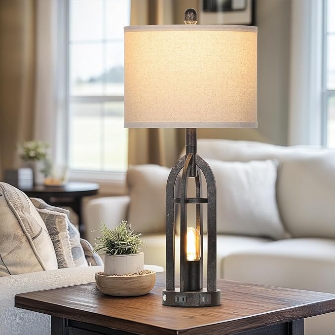 27" Rustic Table Lamps for Living Room - Farmhouse Lamps Set of 2 with USB C+A & Outlet, 3-Way Dimmable Touch Lamps for Night Stands, Vintage Bedside Lamp for End Tables,Bedroom,Bronze - Bloomnest