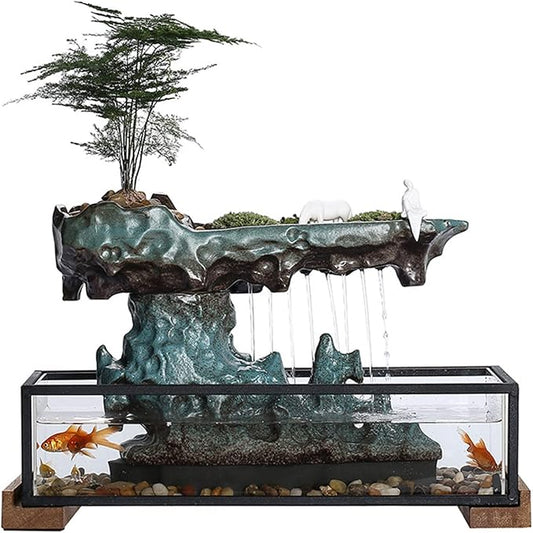 Desktop Rockery Waterfall Fountain with Rockery & Fish Tank, Indoor Water Fountain Tabletop Waterfall Decoration for Gift Home Decor Office Bedroom, 16.9" L*8" W*8.1" H - Bloomnest