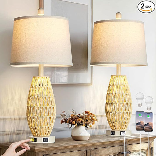 27“ Beige Rattan Table Lamps with Night Light, Boho Bedside Lamps Set of 2, Woven Wicker Bedroom Lamp for Nightstand with USB A+C Charging Port & AC Outlet, Tall Coastal Living Room Lamp - Bloomnest