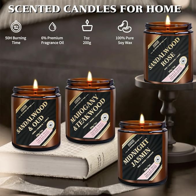 Men Candles, 4 Pack Scented Candle Set - 28oz 300 Hours Long Lasting Candles for Home Scented, Gifts for Men, Birthday, Christmas Day, Anniversary,Jasmin/Oud/Sandalwood/Mahogany - Bloomnest