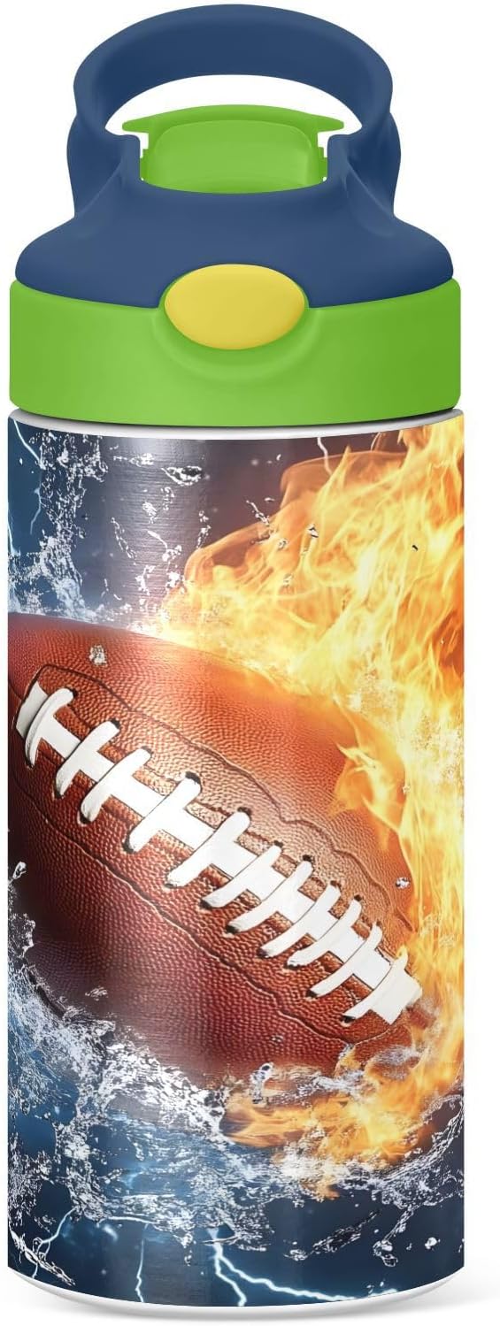 Rugby Football Fire Lightning Kids Water Bottle with Straw Lid Insulated Tumbler with Handle Stainless Steel Reusable Toddlers Cup for Kids Boys 12 oz - Bloomnest