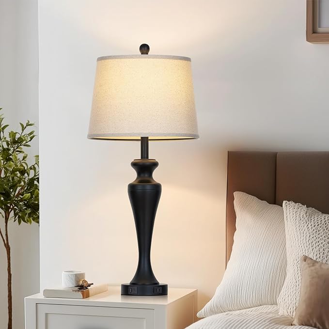 30 Inch Black Table Lamp Single, 3-Way Dimmable Touch Control Living Room Lamps with USB A+C Ports and AC Outlet, Tall Bedside Lamps for Nightstand, Modern Metal Bedroom Lamp, Bulb Included - Bloomnest