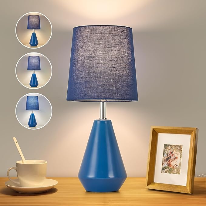 Small Bedside Table Lamp for Bedroom - Reading Desk Lamp with 3 Color Temperatures，15.5" Nightstand Ceramic Lamp with Fabric Shade for Kids Room,Living Room,Dorm,Home Office (Blue) - Bloomnest