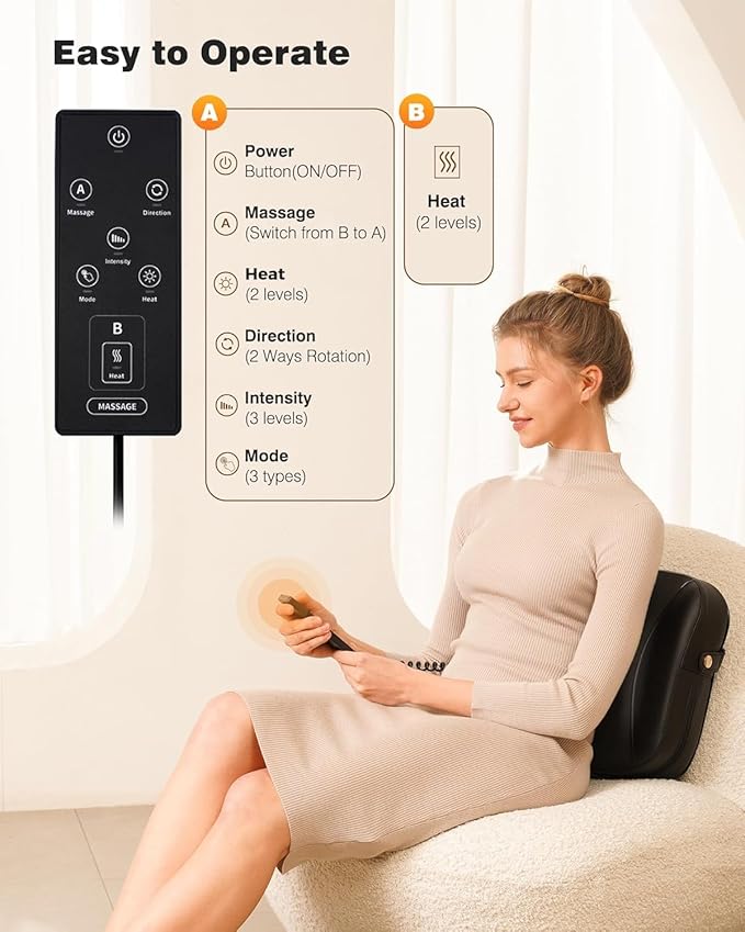 Back Massager with Heat - Shiatsu Neck Massager Deep Tissue 2-in-1 Kneading Chair Massage Pillow for Lower Back/Leg/Shoulder - Lumbar Support Pillow for Back Pain Relief - Gifts for Mom Dad Women