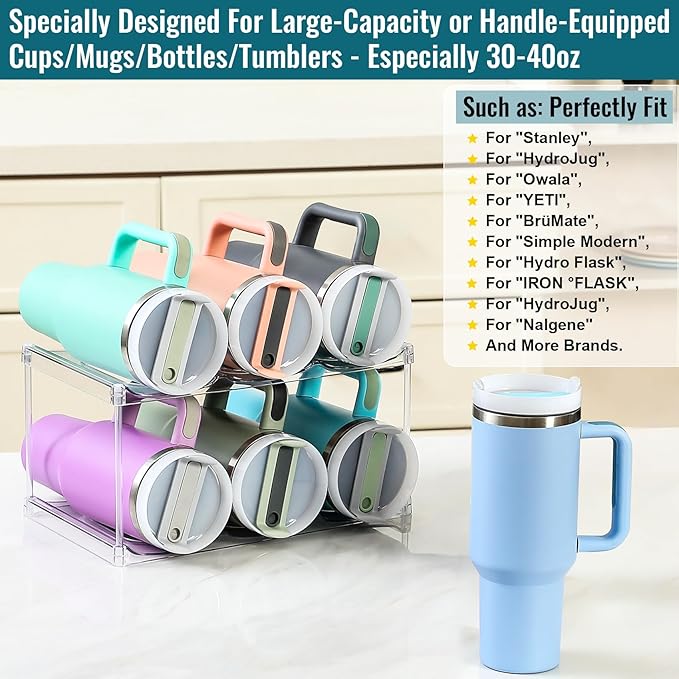 Design for Stanley 40 OZ & Large Bottles & Tumblers with Handle, Acrylic Water Bottle Organizer - Stackable Clear Wine Rack, Cup Holder for Home Kitchen Pantry Shelf Countertop Cabinet, 2 Tier Hold 6 MakeLifeBetterEasier