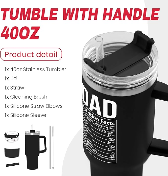 Dad Gifts for Dad from Daughter Son Best Dad Ever Tumbler with Handle 40oz Stainless Steel Insulated - Coffee Tumbler for Father's Day Birthday Christmas Cup Gift Set with Lid & Straw - Bloomnest