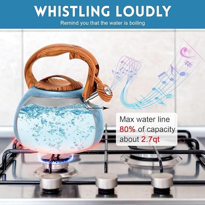 GGC Tea Kettle for Stove Top, Loud Whistling Kettle for Boiling Water Coffee or Milk, 3.1 Quart 3L Heavy Stainless Steel Blue Kettle with Wood Pattern Handle, Unique Button Control Kettle Outlet - Bloomnest