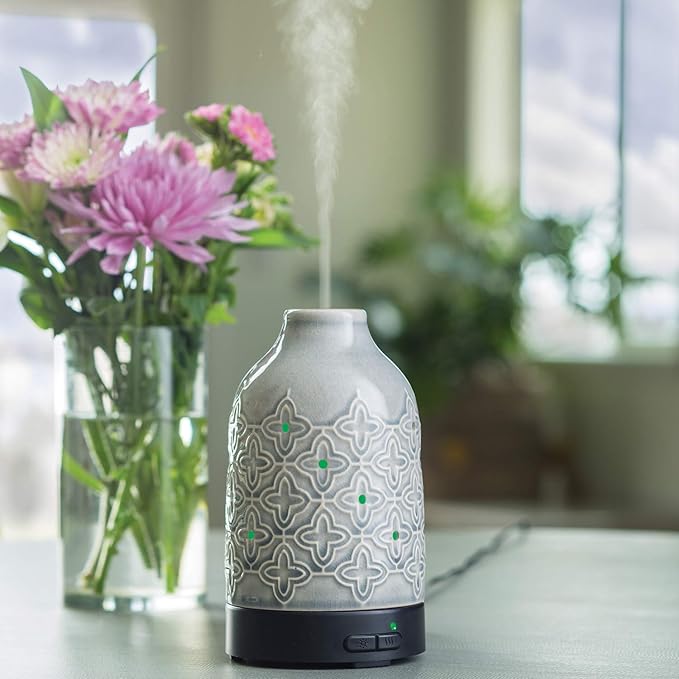 Airome Jasmine Medium Essential Oil Diffuser|100 mL Humidifying Ultrasonic Aromatherapy Diffuser 8 Colorful LED Lights, Intermittent & Continual Mist, Auto Shut-Off Airom%C3%A9