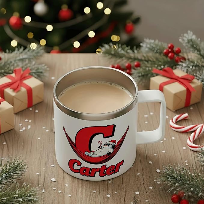 JugJug Personalized Christmas Mug with Initial & Name - Funny Chilling Snowman 12oz Insulated Coffee Cup w/Lid - Cool Xmas Gifts for Kids, Boys (B173) - Bloomnest
