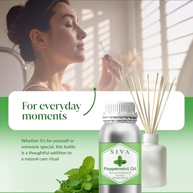 Siva Peppermint Essential Oil - 16 Fl Oz – 100% Natural Peppermint Oil - for Diffuser, Face, Skin Care, Aromatherapy, Hair Care, Scalp and Body Massage SIVAOrganics