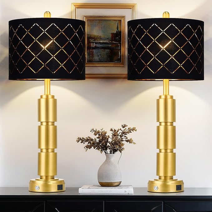 Set of 2 Modern Table Lamps for Living Room Bedroom,29" Tall Bedside Lamp with 2 USB Port,Gold Metal Touch Nightstand Lamp with Black Grid Shade for End Table Entryway,Gold - Bloomnest