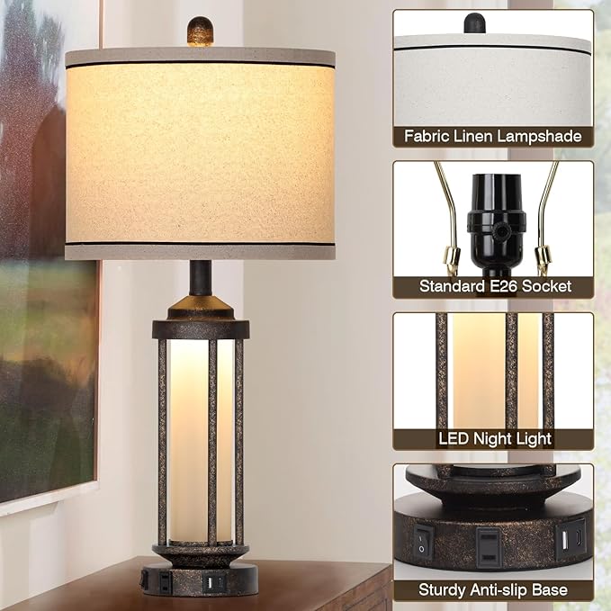 27" Farmhouse Industrial Table Lamps, Vintage Rustic Retro Beside Lamps with USB A+C Charging Ports & AC Outlet, Modern Nightstand Lamps with Glass LED Night Light for Living Room Bedrooms End Table - Bloomnest