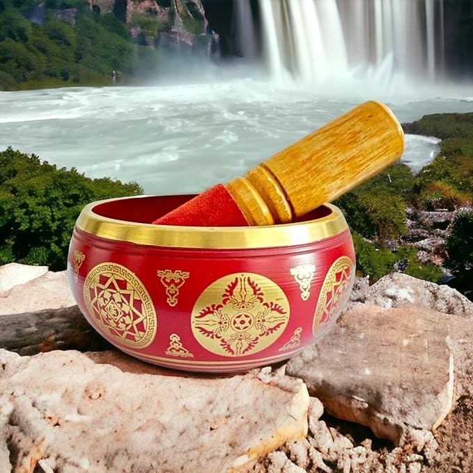 Nature's Own Tibetan Singing Bowl Set- Easy to Play- Meditation Sound Bowl Handcrafted in Nepal for Yoga, Mindfulness, Chakra Healing, Stress Relief- Spiritual Gifts for Women and Men (3.5 Inch, Red) - Bloomnest