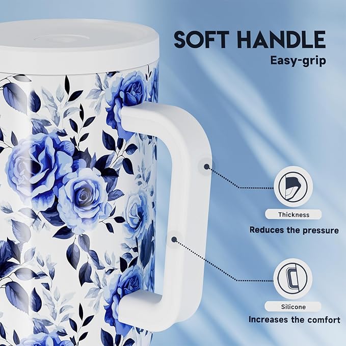Meoky 40 oz Tumbler with Handle and Straw: Stainless Steel Insulated Tumbler with Lid and Straw - 100% Leak Proof Tumbler for Car Cup Holders - Travelers Commuters Workers, Blue Rose - Bloomnest