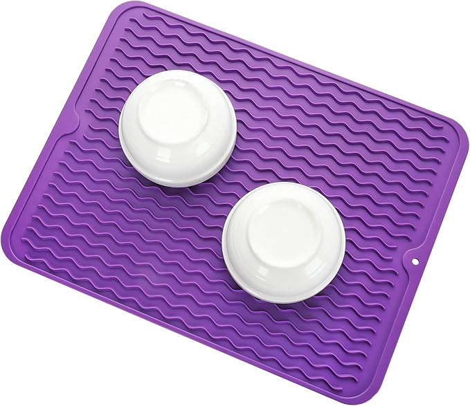 Silicone Dish Drying Mat for Multiple Usage,Easy clean,Eco-friendly,Heat-resistant Silicone Mat for Kitchen Counter or Sink,Refrigerator or drawer liner Purple L 16 inches x 12 inches - Bloomnest