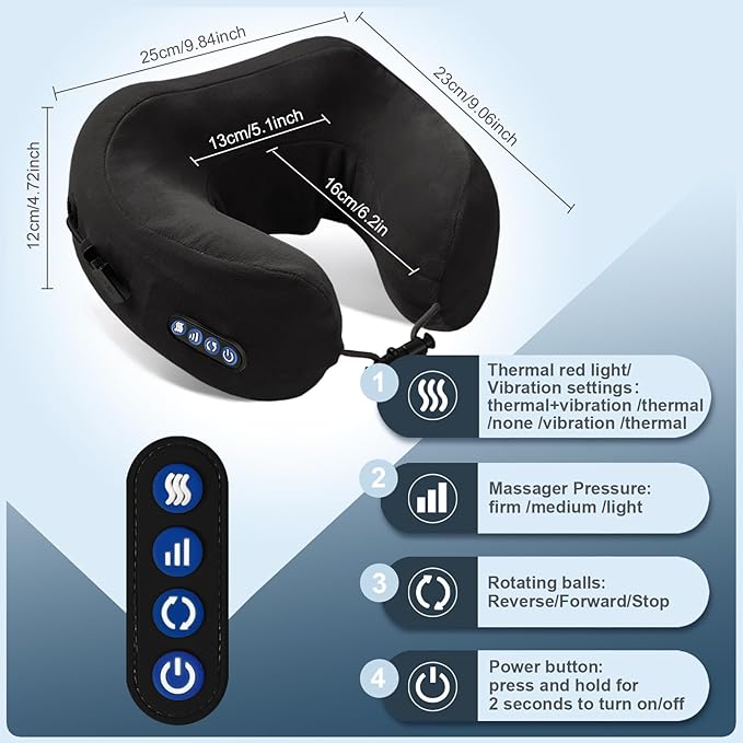 Electric Neck Massager,Portable Heated Kneading Massage Cushion Pillow,Rechargeable Shoulder Neck U-Shaped Massage Shiatsu,for Pain Relief at Home,Car,Office,Travel(Black) - Bloomnest