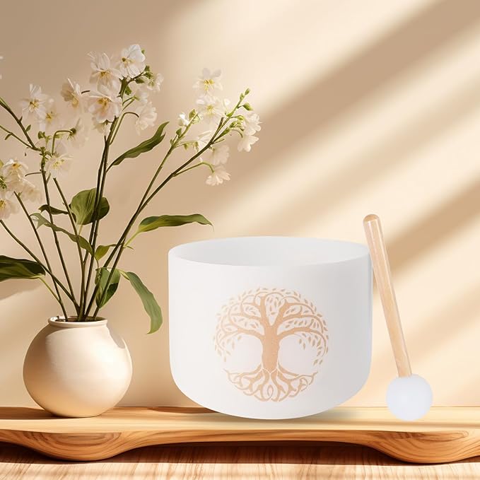 Singing Bowls 432hz C Note 8-Inch Tree of Life Crystal Singing Bowl With A Free Mallet And O-Ring For Sound Healing, Meditation, Yoga, And Sound Baths