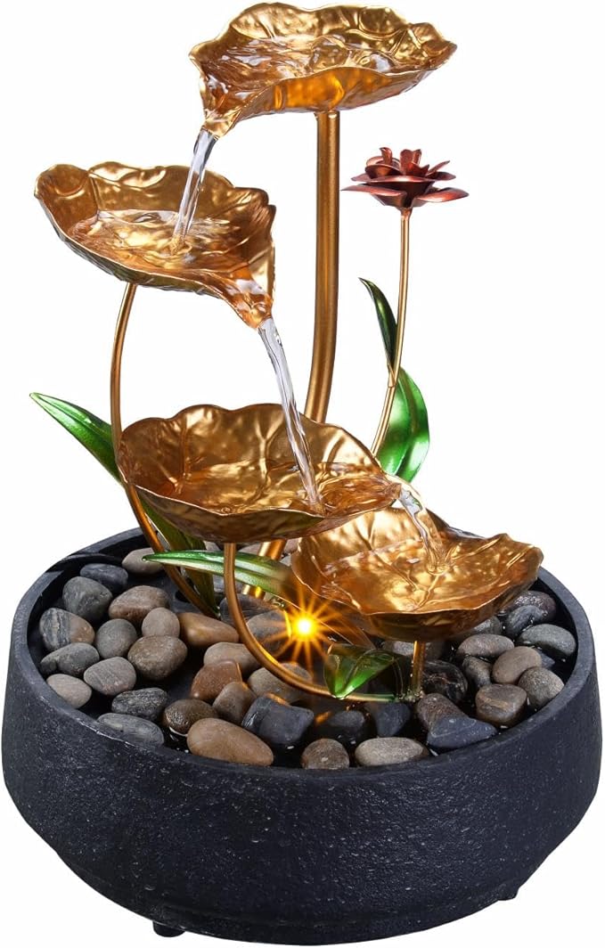 Tabletop Fountain Metal Lotus Circulating Fountain Water Feature for Zen Home Decor Warm Yellow Scene Light(23034) - Bloomnest