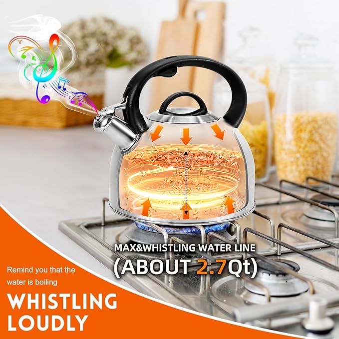 Whistling Stovetop Tea Kettle, 3L Food-Grade 304 Stainless Steel Teapot, Ergonomic Handle,Hot Water Quick Boil,All Metal Stove Kettle Rust Resistant and Durable,With Anti-Scald Towel(Silver) - Bloomnest