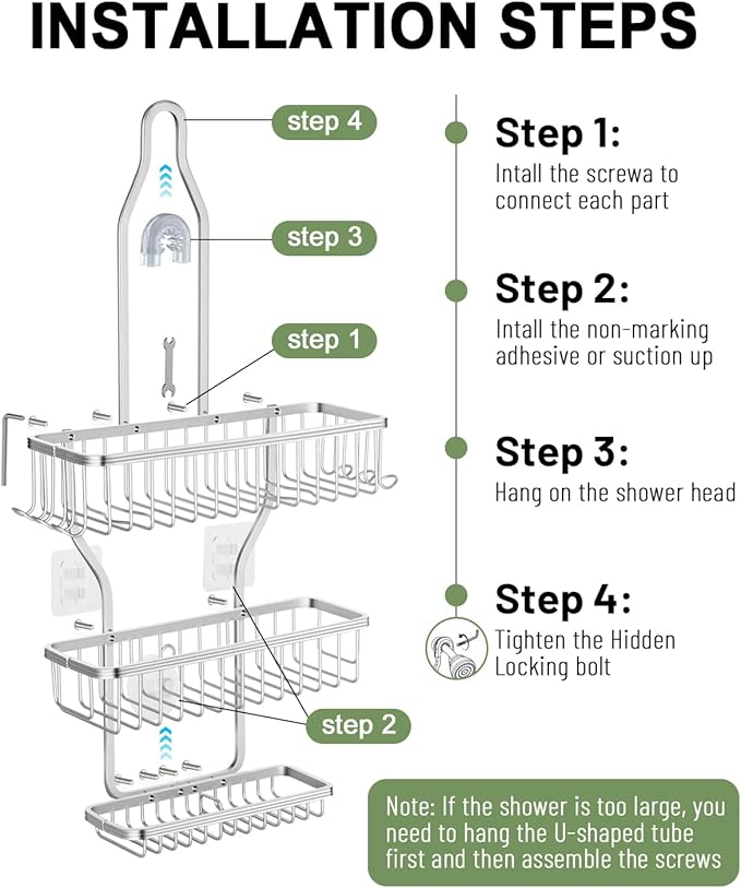 Shower Caddy Hanging - Never Rust Shower Hanging Organizer - Aluminum Over the ShowerHead Caddy with Soap Basket and 6 Hooks for Razor/Sponge (Frosted Silver) - Bloomnest