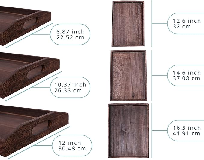Comfify Serving Trays Set of 3 - Ottoman Wood Trays for Entertainment, Food and Decor - Rustic Farmhouse Distressed Wood Finish - Brown - Bloomnest