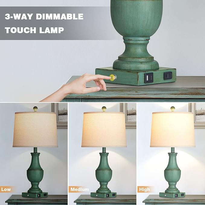 Farmhouse Table Lamp Set of 2, Rustic Touch Control 3-Way Dimmable Lamps with USB A+C Charging Ports & AC Outlet, Vintage Retro Antique Bedside Lamp for Living Room Bedrooms Nightstand Green - Bloomnest