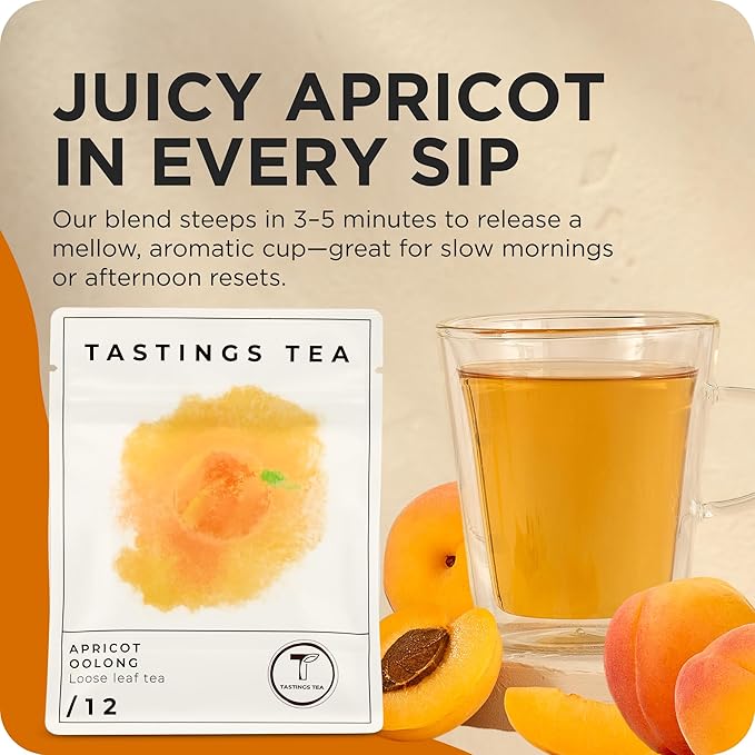 Tastings Tea Apricot Oolong Loose Leaf, 2.55 oz | Smooth & Juicy Blend from Fujian Province China | Medium Caffeine | Naturally Sweet & Elevating | Small Batch & Sustainably Sourced | Resealable Pouch - Bloomnest