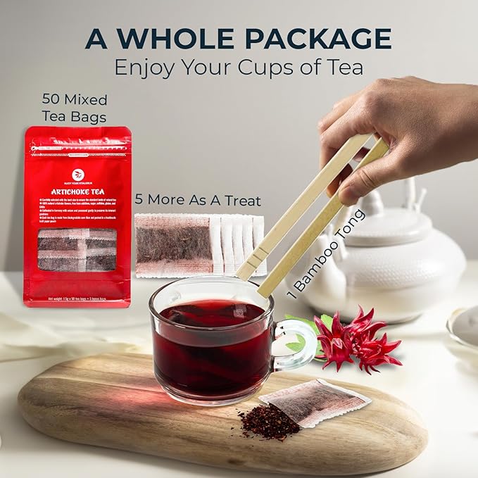 INJOY YOUR VITALGRI:N Roselle Hibiscus Tea Bags - 55 Count (+5 Tea Bags), Bamboo Tong Included - 4.16 oz, Re-Steep Red Artichoke Tea Herbal Blend, Vitamin A, C, D, Detox, Support, Atiso - Bloomnest
