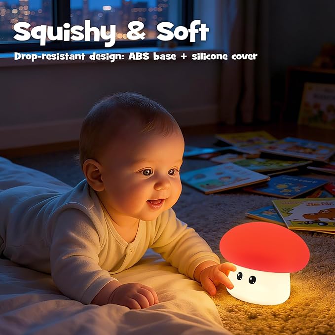 Squishy Big Eyes Mushroom Night Light with RGB Mode 3 Brightness Adjustable Nursery Breastfeeding Nightlight Cute LED Red Mushroom Lamp Rechargeable Silicone Touch Bedside Lamp for Bedroom Dorm Decor - Bloomnest