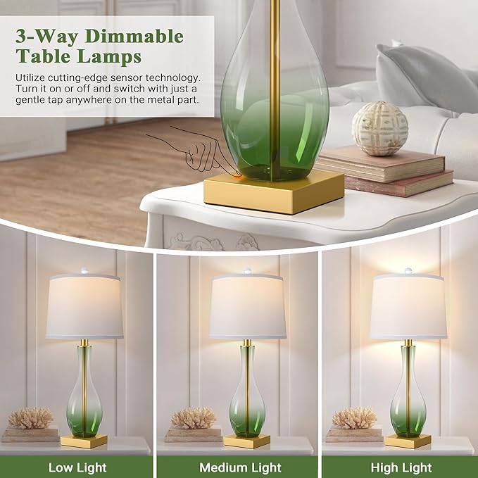 3-Way Dimmable Modern Glass table lamp for Living Room, Green Table Lamps Set of 2 with Touch Control, USB C and A Charging Ports, 27" Bedside Desk Lamps for Nightstand Decorations(LED Bulbs Included) - Bloomnest