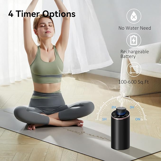 Waterless Essential Oil Diffuser Aromatherapy Scent Diffusers for Home Large Room, Bedroom, Car, Office, Desk, Battery Operated Mini Portable Air Freshener, 3 Countdown Timers & 3 Mist Levels - Bloomnest