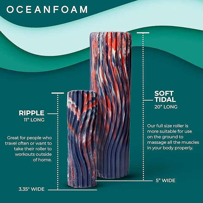 Oceanfoam Soft Tidal Roller (Dark Navy, Red and Natural Marbled) - Low Density Foam Roller for Physical Therapy, Back Pain, Exercise & Stretching - Wave Textured - Yoga, Wellness - Full Size, 20" x 5" - Bloomnest