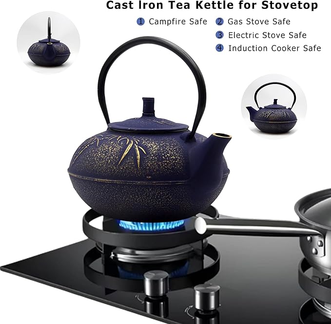 YJX 84.6oz/2500ml Big Cast Iron Tea Kettle for 5 to 8 Persons, Teapot with Stainless Steel Infuser, Cast Iron Teapot with Enamel Interior for Stovetop Safe (2500ml Purple Teapot with Bamboo Pattern) - Bloomnest