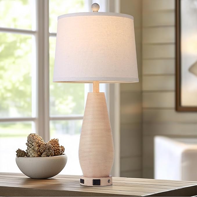 Farmhouse Table Lamps Set of 2 with USB C+A Ports and AC Outlet, 3 Way Touch Rustic Bedside Lamps for Living Room, 26.5" Cream Vintage Lamps for Bedroom Nightstand - Bloomnest