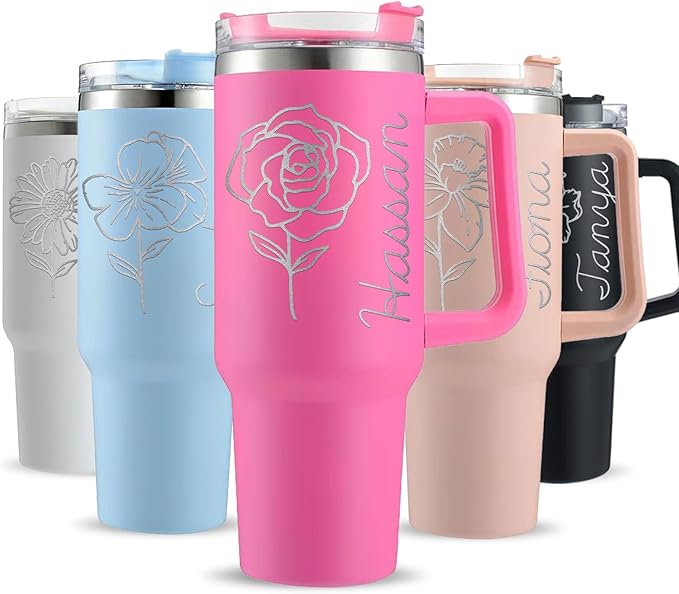 Personalized Tumbler with Birth Month Flower, Custom 40oz Insulated Stainless Steel Tumbler Travel Mug Coffee Cup with Engraved Name and Straw Lid, Personalized Gifts for Women Her - Bloomnest