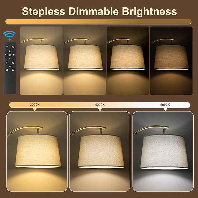 62.5" Gold Floor Lamp for Living Room Dimmable Standing Lamp with Remote & Foot Switch, 3 Color Temperatures Arc Tall Lamp Wood Mid Century Modern Floor Lamps for Bedroom Office, 9W Bulb Included - Bloomnest
