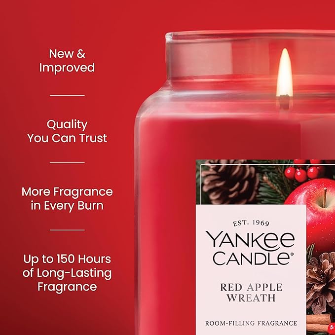 Yankee Candle Red Apple Wreath, Fall Scented Candle, 22oz Large Jar with up to 150 Hour Burn Time - Bloomnest