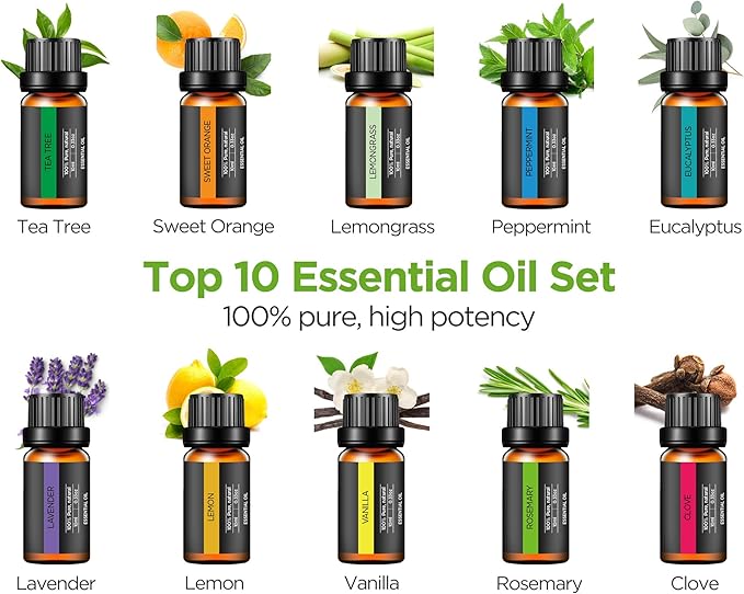 InnoGear Aromatherapy Diffuser & 10 Essential Oils Set, 400ml Diffuser Ultrasonic Diffuser Cool Mist Humidifier with 4 Timers 7 Colors Light Waterless Auto Off for Large Room Office, Dark Wood Grain