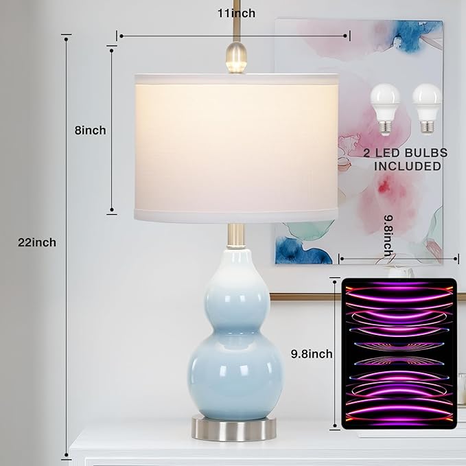 22" Double Gourd Ceramic Table Lamps Set of 2, Blue Modern Bedside Lamps for Living Room, Contemporary Nightstand Desk Lamps for Bedroom End Table Home Office Study Room Decor(2 LED Bulbs Included) - Bloomnest