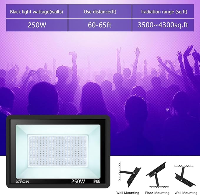 4 Pack 250W LED Flood Black Lights,395nm to 405nm UV Outdoor Flood High Power Blacklight Light with Plug in, IP66 Waterproof Large Black Light Spotlight for Glow Party Large Space, Halloween - Bloomnest
