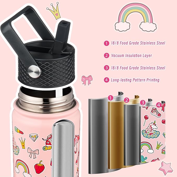 BJPKPK Insulated Water Bottle with Straw Lid, 15 oz Stainless Steel Metal Water Bottles, Reusable Leak Proof BPA Free Water Bottles, Cups, Thermo, Unicorn - Bloomnest