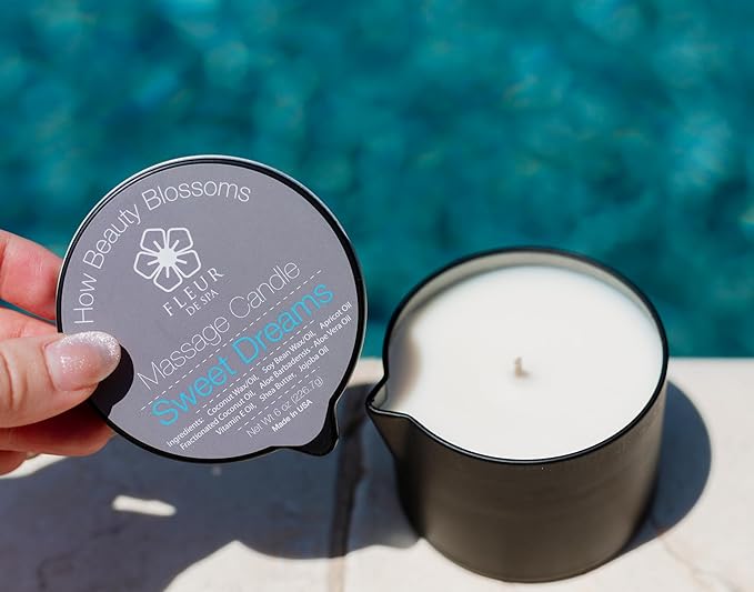 FLEUR DE SPA Massage Oil Candle – 6oz with Pour Spout – Made in USA – All Natural Coconut & Soy Blend – Melts to Warm, Alluring & Hydrating Body Oil – Perfect Spa & Gift Candle (Sweet Dreams) - Bloomnest