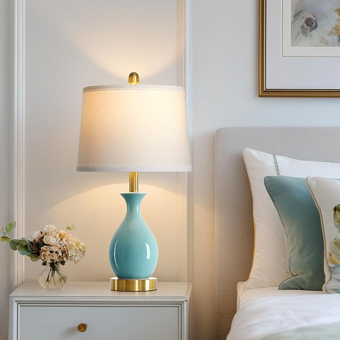 24" Bedroom Table Lamps Set of 2, Modern Classic Ceramic Lamps for Living Room, Small Bedside Table Lamp for Nightstand or End Table, Aqua Blue (2 LED Bulbs Included) - Bloomnest
