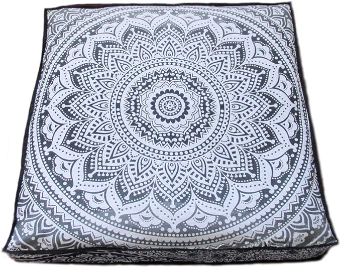 INDIAN CRAFT CASTLE ICC 24" Grey Ombre Mandala Barmeri Large Floor Pillow Cover Cushion Meditation Seating Ottoman Throw Cover Hippie Decorative Zipped Bohemian Pouf Ottoman Pom Pom Cases 24" Square - Bloomnest