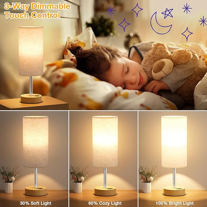 Touch Bedside Lamps Set of 2 - 3 Way Dimmable Table Lamps for Bedroom, Nightstand Lamp with Wooden Charging Station for Kids Room Dorm, Small Desk Lamp for Living Room, Office, Kids Room, Nursery - Bloomnest
