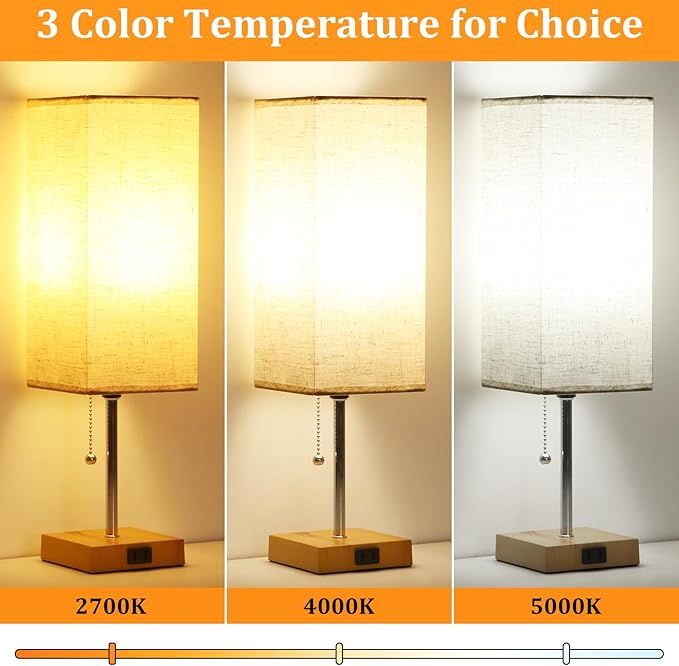 Table Lamp for Bedroom set of 2,3-Color Bedside Lamps with Pull Chain Table Lamps for Nightstand with AC Outlets,18'' Night Light Lamps with 2 Bulbs Lamps for Living Room Kids Room Office Decor（Wood） - Bloomnest