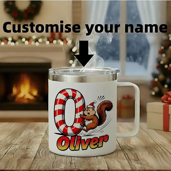 JugJug Personalized Christmas Mug with Candy Cane Initial - Cute Squirrel 12oz Insulated Coffee Cup w/Lid - Sweet Xmas Gifts for Kids, Boys (B177) - Bloomnest