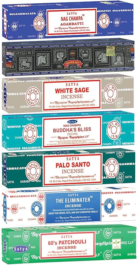 Satya Incense Sticks Gift Set, 7 Scents, Nag Champa, Super Hit, Dragon's Blood, Sandalwood, Patchouli, Lavender, Positive Vibes, 15g Each (Smudge) SoulSticks